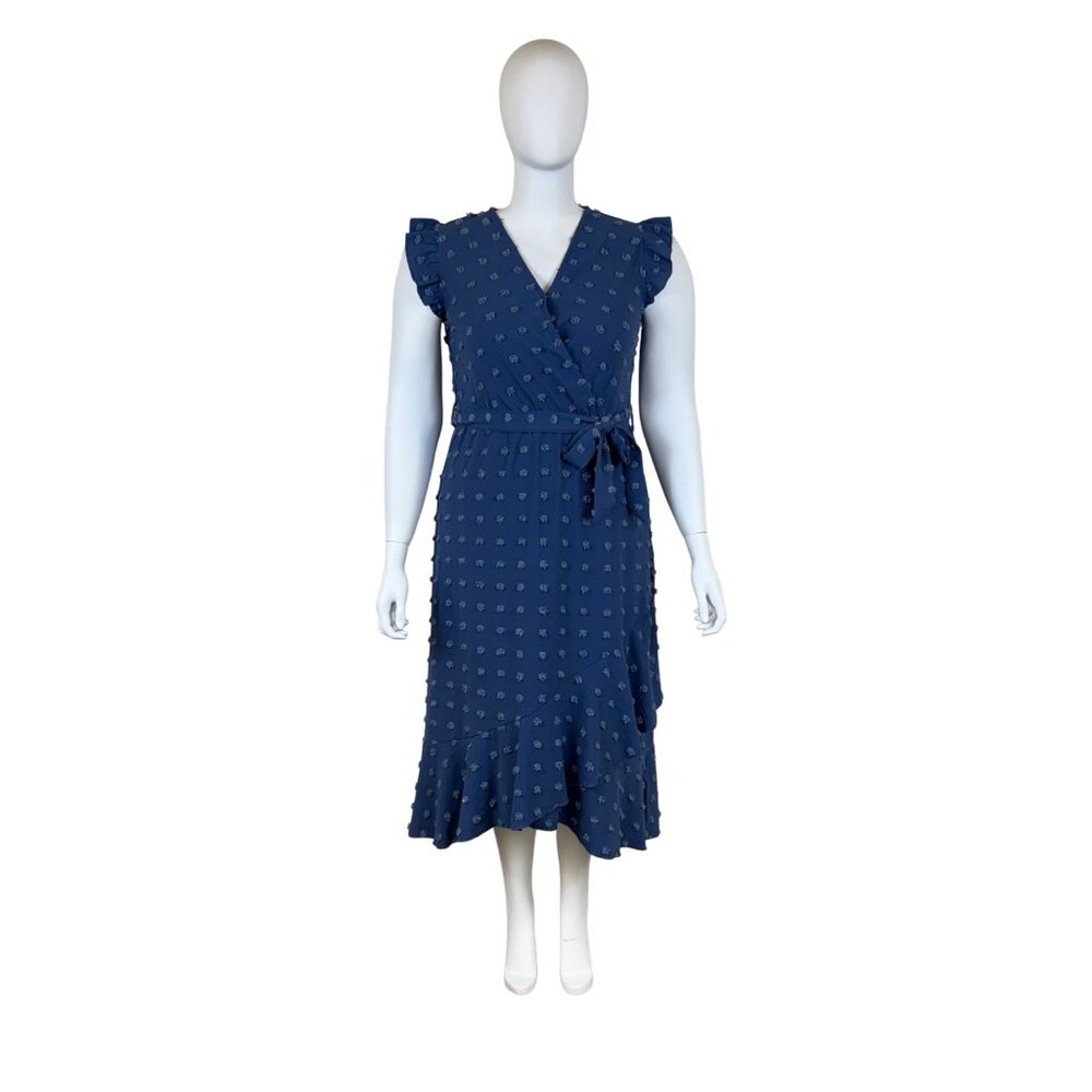 Btfbm Womens Blue Polyester Wrap Midi Dress With Ruffle Sleeves & Belt Size XL